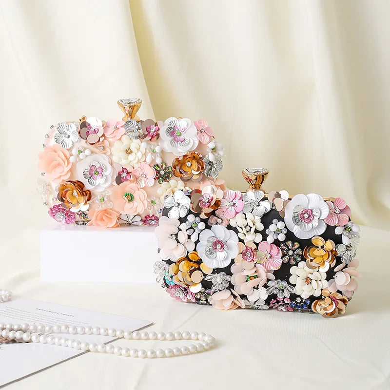 Floral Evening Dinner Handbag Beaded Flower Clutch Bag Metal Chain Crossbody Bag Banquet Handbag Wedding Prom Purse Dropship