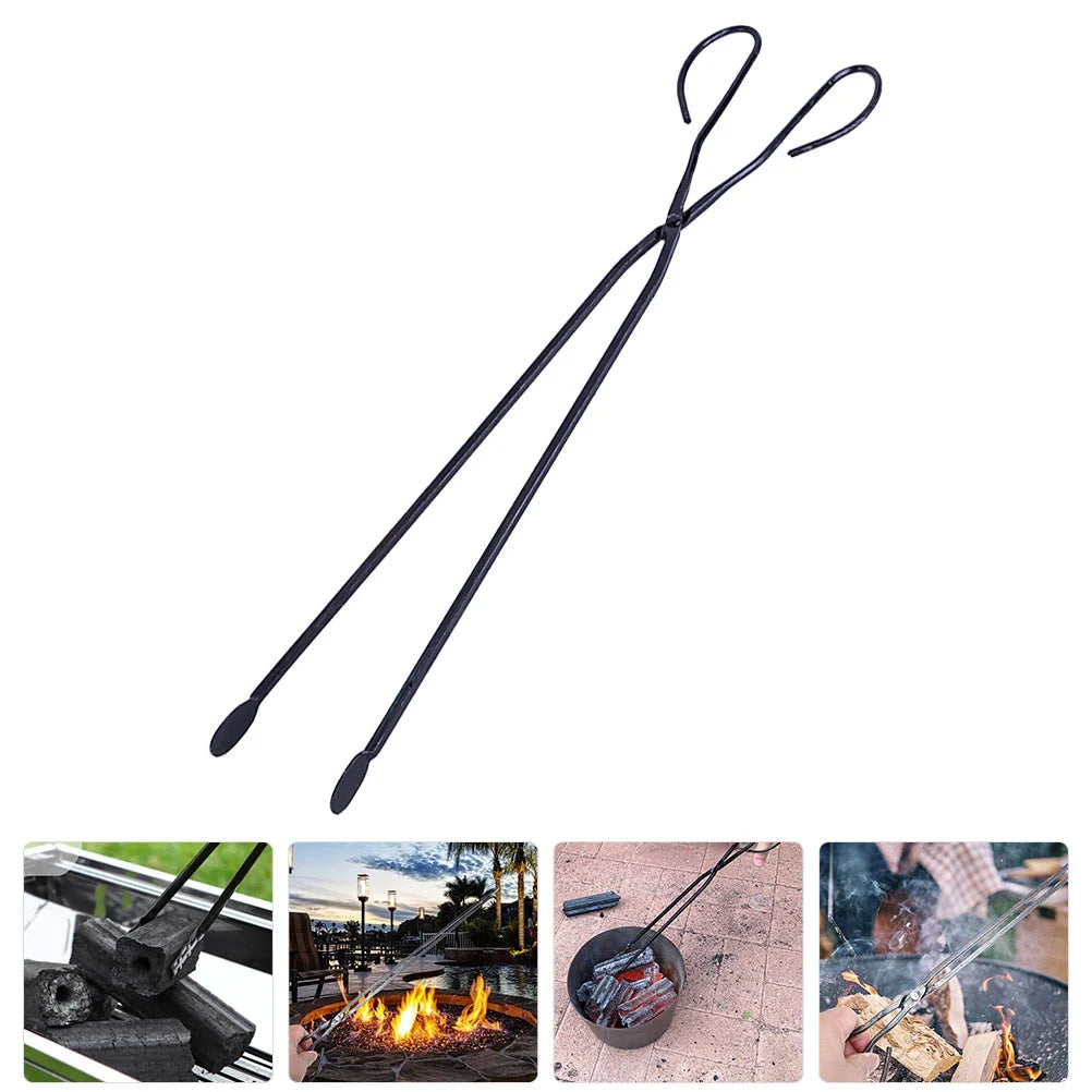 Coal Extended Fire Tongs Campfire Accessories Camping Grey Iron Fireplace Heavy Duty