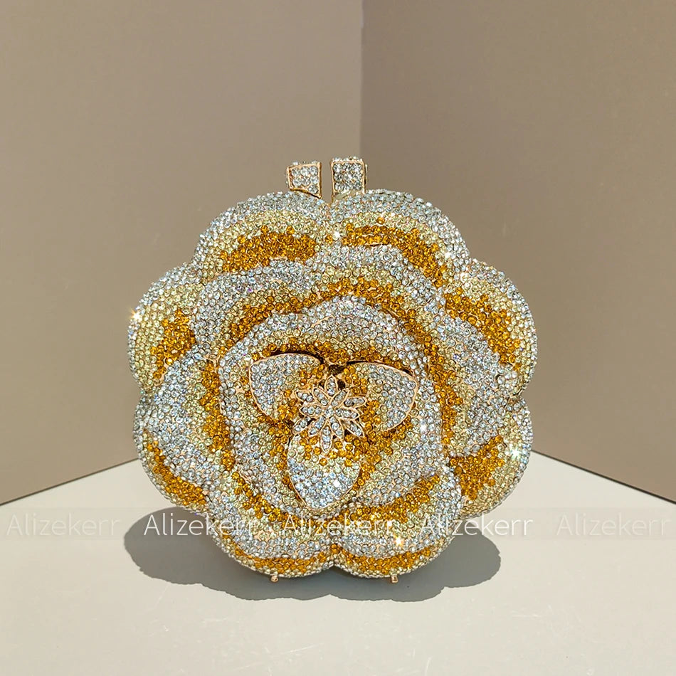 Alizekerr Rose Shaped Crystal Evening Bags Women Gorgeous Boutique Diamond Metal Clutch Purses And Handbags Bridal Wedding Party