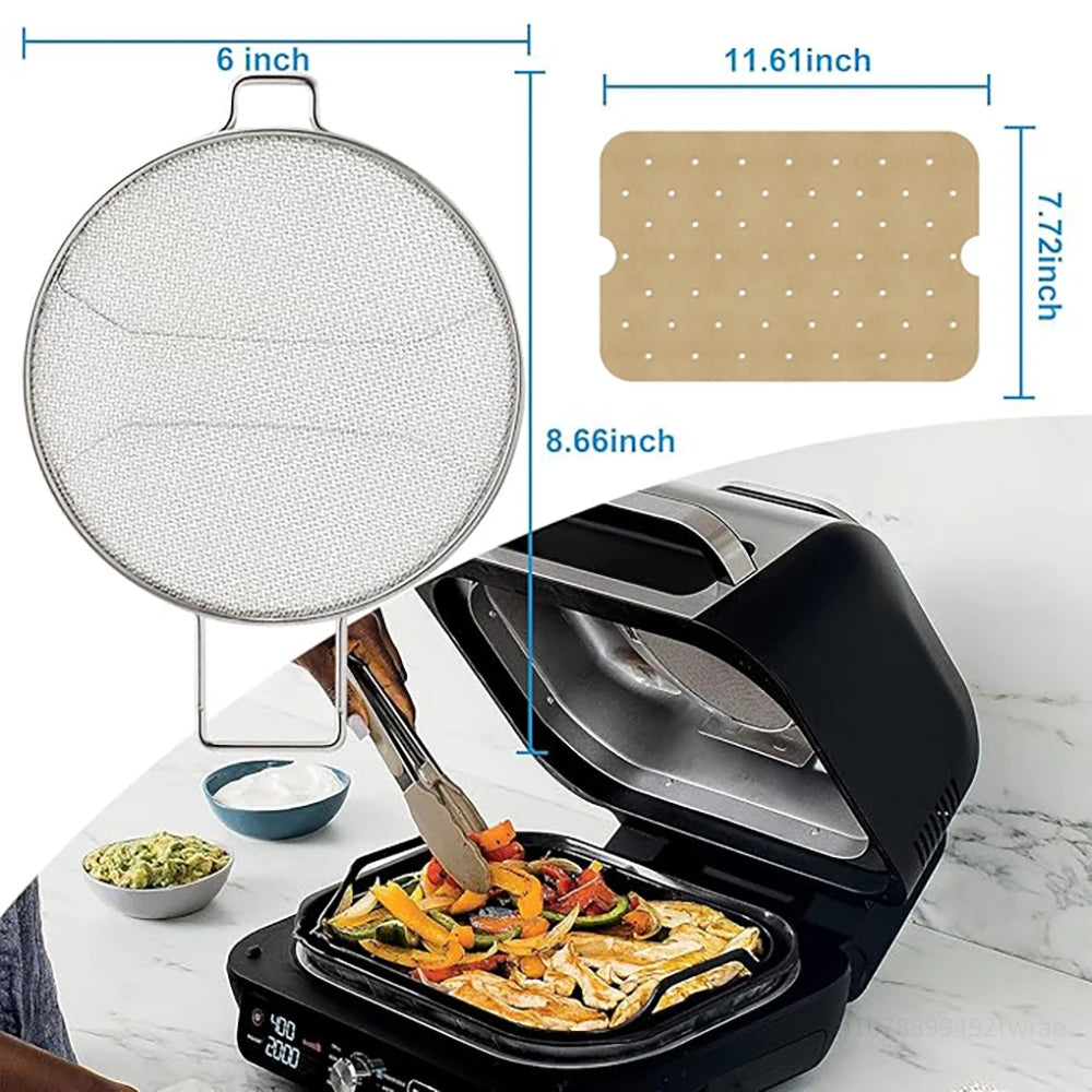 Splatter Shield and 50Pcs Grill Mat for Ninja Foodi IG651, IG600, IG601, Replacement Parts Splatter Screen Air Fryer Accessories