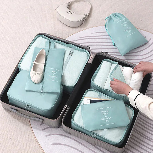 7Pcs Travel Packing Cubes Set Waterproof Luggage Organizer with Drawstring Storage Pouches for Clothes Shoes Underwear - Suitcas