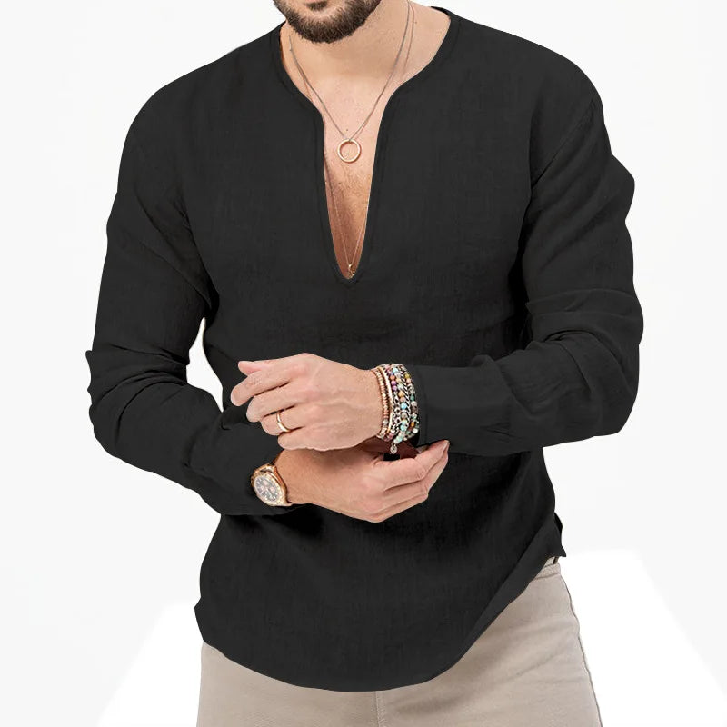 2026 Henry Linen Long Sleeve T-Shirt Men's Slim Fit Solid Color European and American Large Size Deep V-Neck Top Men