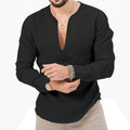 2026 Henry Linen Long Sleeve T-Shirt Men's Slim Fit Solid Color European and American Large Size Deep V-Neck Top Men