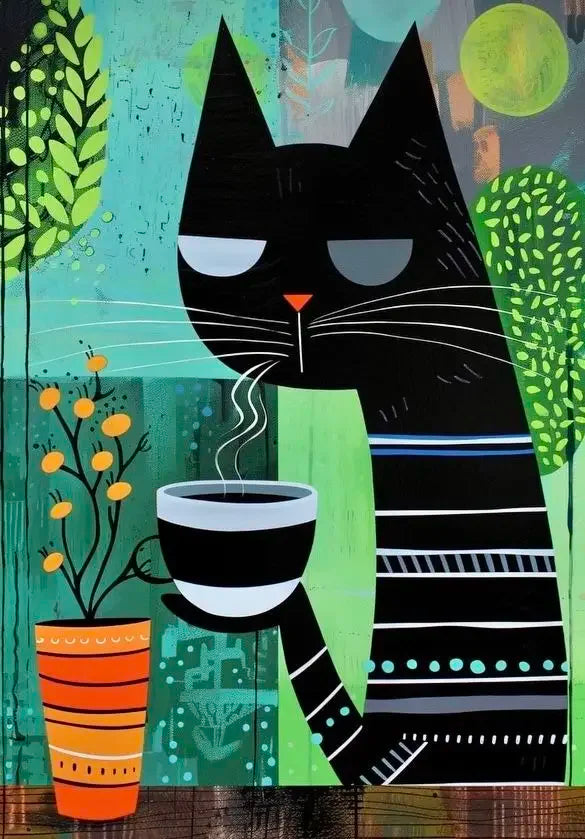 Whimsical Black Cat Drink Coffee Poster For Bedroom Nursery Cartoon Animal Canvas Painting Cute Cat Illustration Print Wall Art