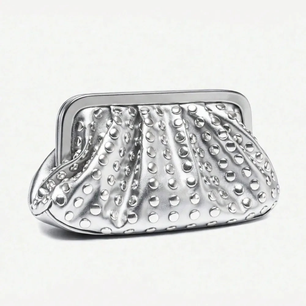 Vintage Clutch Purse Rivet Detail PU Leather Shell Shape Wallet Magnetic Buckle Pleated Design Handheld Evening Bag for Women