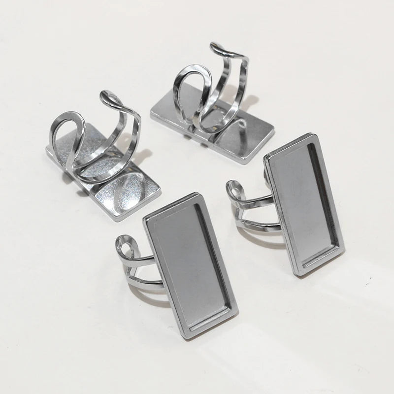 5pcs Stainless Steel Square Rectangle Thick Adjustable Ring Blank Base Settings ,Fit 12/20/25mm Cabochons DIY Rings Bezel Tray
