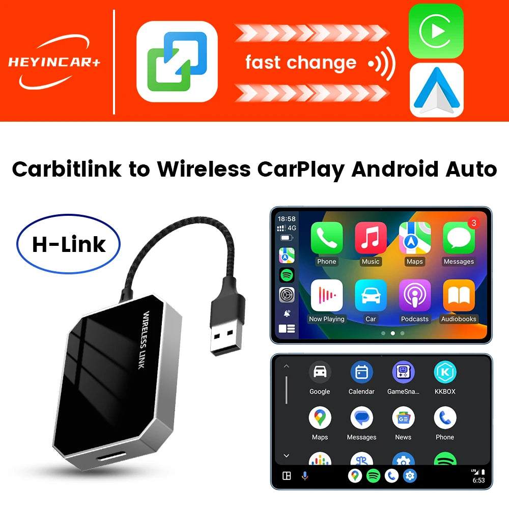 HEYINCAR Carbitlink Wired to Wireless Android Auto Box Wireless CarPlay Adapter 2 in 1 Smart Car Ai Box Auto Connect Plug & Play