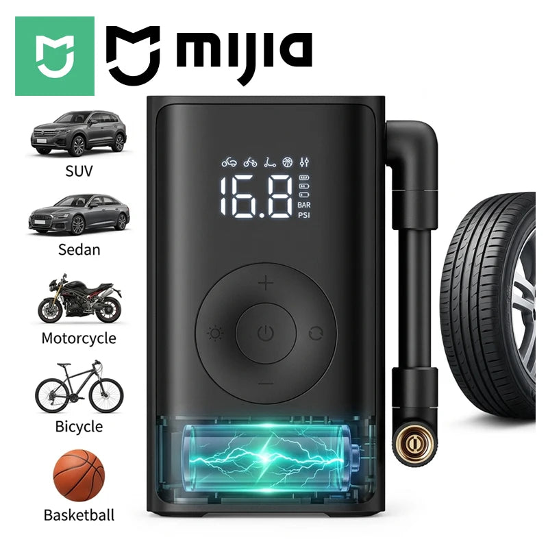 MIJIA Tire Inflator Portable Electric Air Compressor Cordless Mini Bike Pump Display,150PSI Car Tires Air Pump With LED Lights
