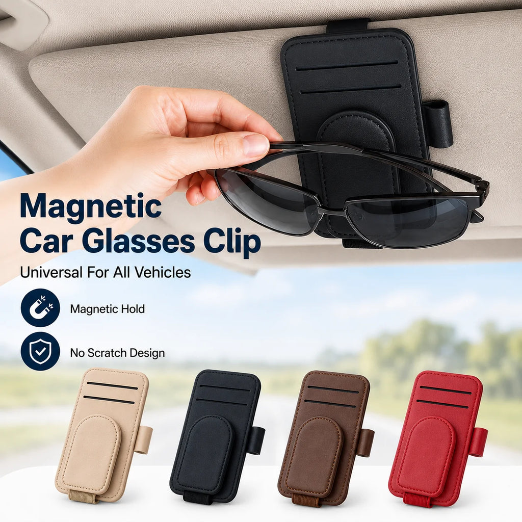 Car Sun Visor Sunglasses Holder Magnetic PU Leather Eyeglass Clip Universal Auto Card Storage Glasses Organizer for Vehicle