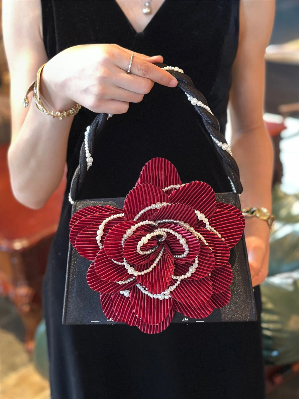 Retro Chinese Style Pearl Twist Flower Bag Rose 3D Pink Fairy Crossbody Women's Bag Handbag Casual Summer Fashion
