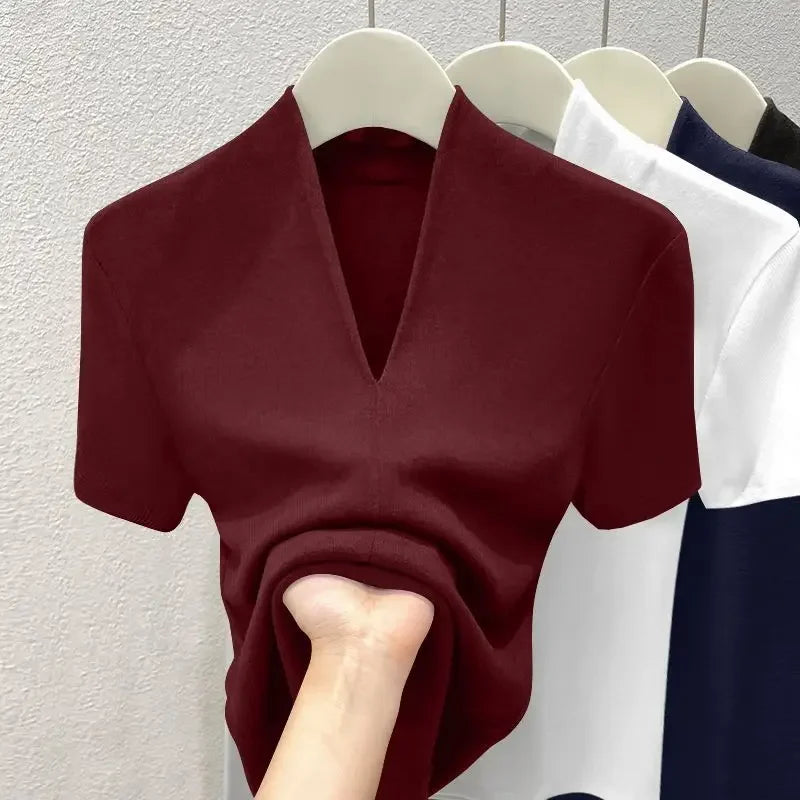 Women Threaded New Summer Short Sleeved Top for Fashion Versatile Base Shirt Plus Size Slim Fit V-neck Casual and Sexy T-shirt