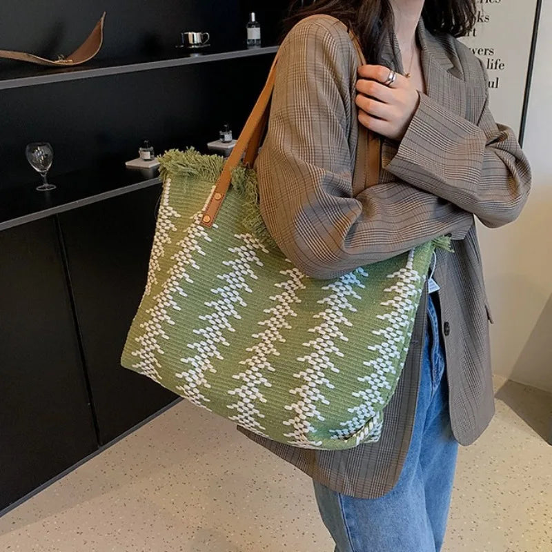 Women's 2026 New Tassel Knitted Canvas Handbag Versatile Multi in One Commuter Shoulder Bag Retro Lazy Style Casual Tote Bag