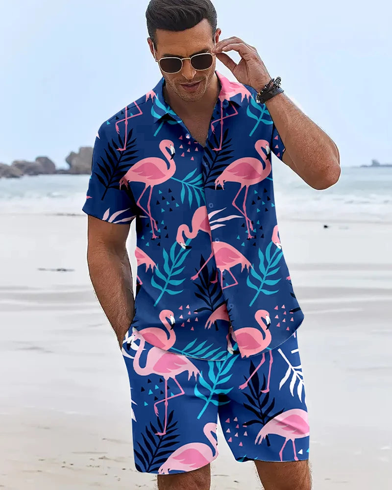 Funny 3D Flamingo Printed Men's Shirts Hawaiian Beach Vacation Short Sleeve Shorts 2 Piece Summer Hip Hop Trend Fashion Men Sets