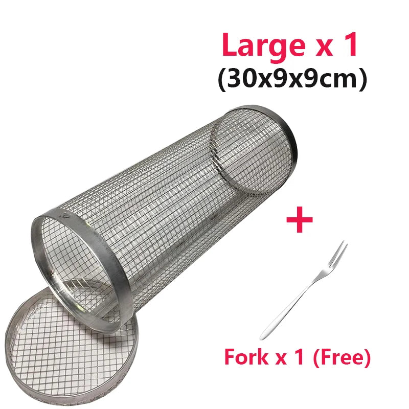 Rolling Grilling BBQ Basket Outdoor Picnic Camping Simple Cylindrical BBQ Grill Stainless Steel Leakproof Mesh Barbecue Rack