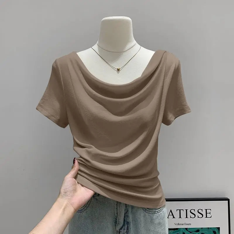 Summer Thin Slash Neck Short Sleeved T-shirt Feminine Temperament Summer Irregular Slim Fit Spicy Top Plus Size Women Clothing