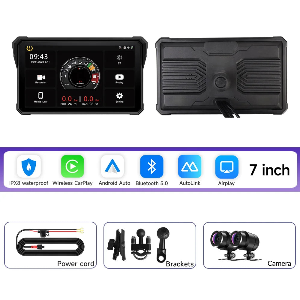 5/7 Inch Portable Motorcycle DVR GPS Navigation IPX8 Waterproof LCD Display For Wireless CarPlay Android Auto Multimedia Player