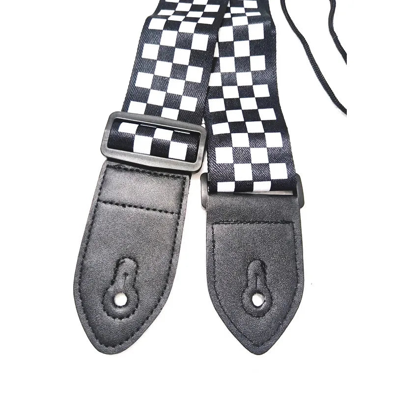 Black White Checkered Polyester Cotton PU Leather Head Ends Bass Ukulele Acoustic Electric Guitar Strap Accessories Parts