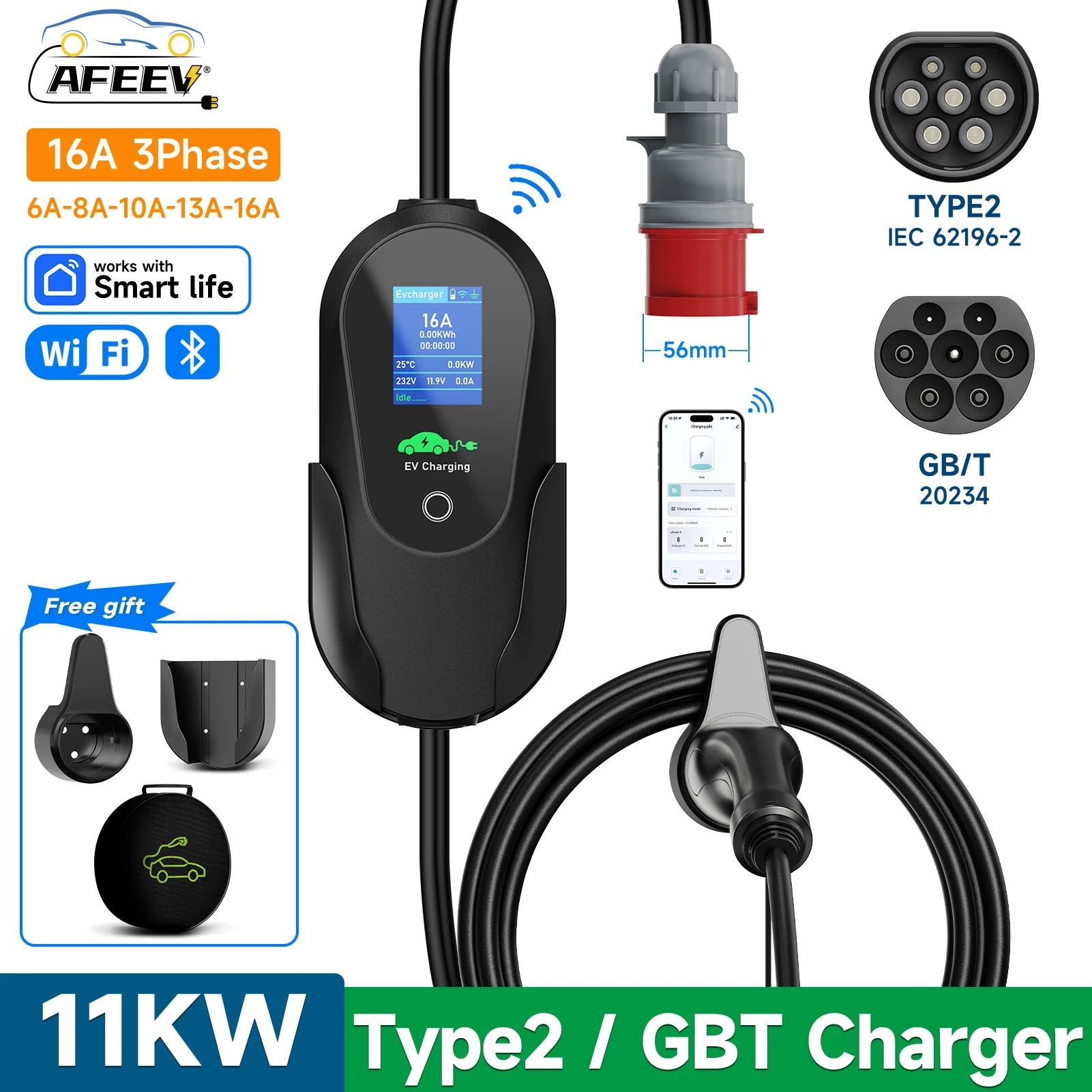 AFEEV 11KW 16A 3Phase Portable EV Charger Type2 IEC62196-2 Fast Charging Cable GB/T 20234 Wallbox EVSE CEE Plug WiFi APP Control