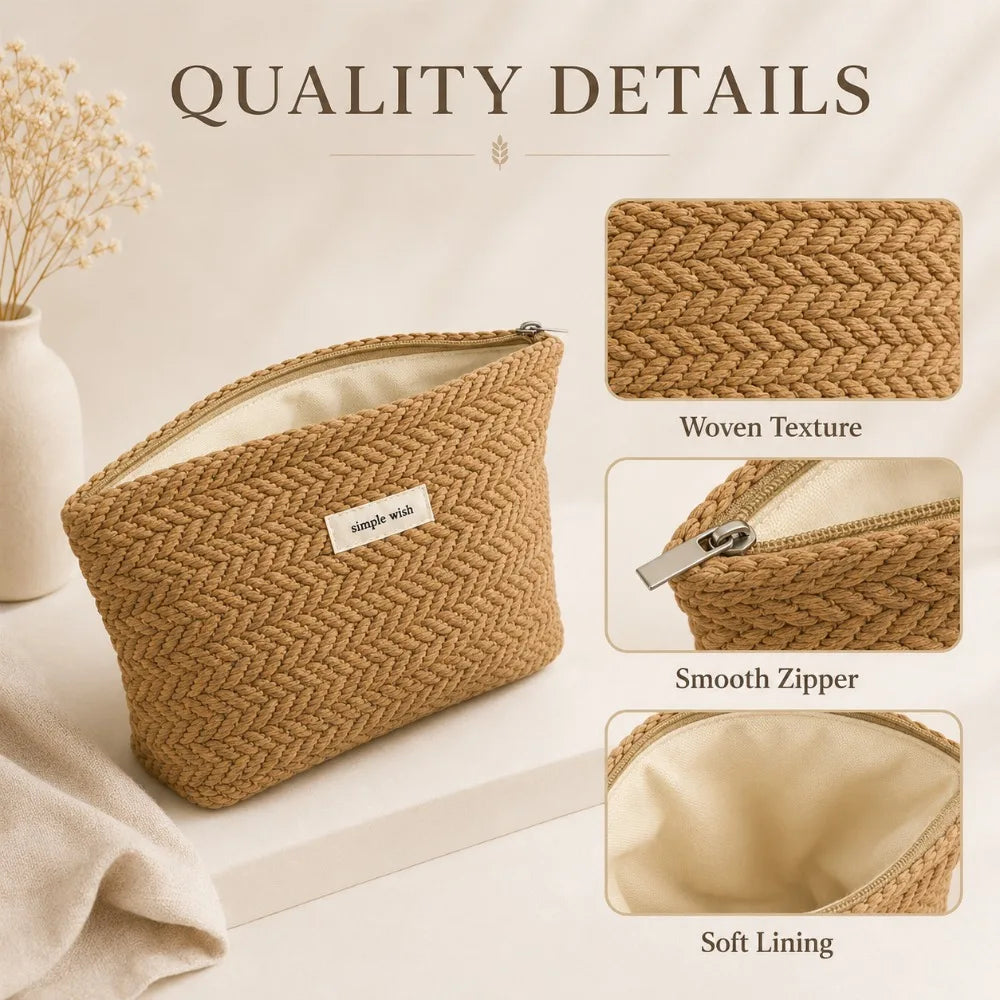 Simple Solid Color Woven Texture Clutch Bag for Woman, Fashion Rice Ear Pattern Large Capacity Makeup Bag, Portable Storage Bag