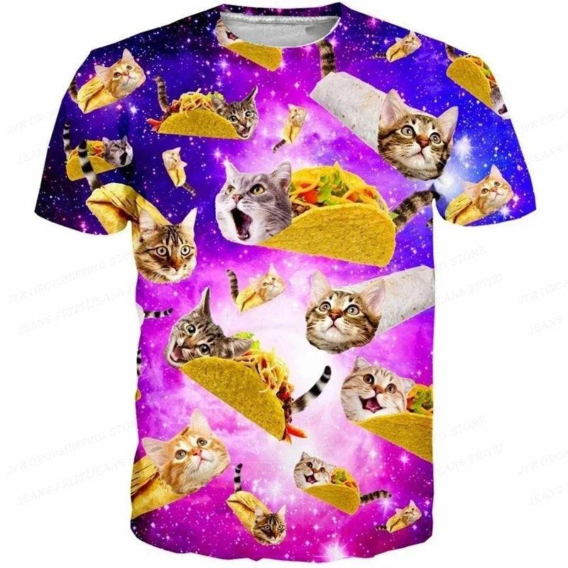 3D Printed Funny Cat T Shirt for Men Animal Food Pattern Tees Summer Street Oversize Short Sleeve Tops Loose Round Neck T-Shirts
