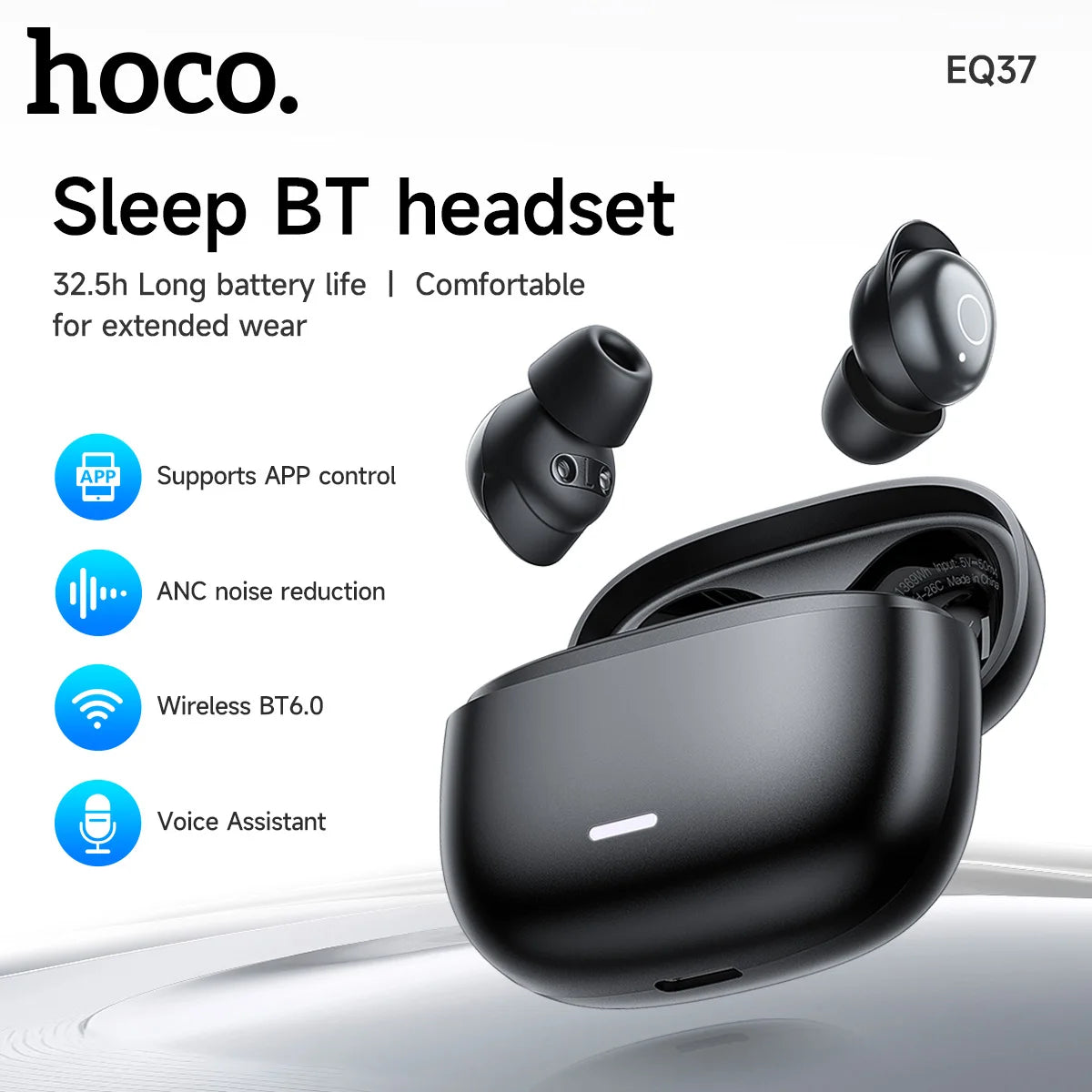 HOCO EQ37 ANC Noise Reductio Sleep Earphones AI Translation Headsets Bluetooth 6.0 Headphones HIifi Earbuds With APP Function