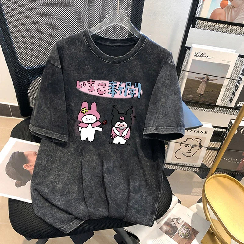 Kuromi Summer New T-Shirt Men and Women American Retro Washed Cotton Loose Distressed Short-Sleeved T-Shirt Tops Cartoon Print