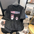 Kuromi Summer New T-Shirt Men and Women American Retro Washed Cotton Loose Distressed Short-Sleeved T-Shirt Tops Cartoon Print