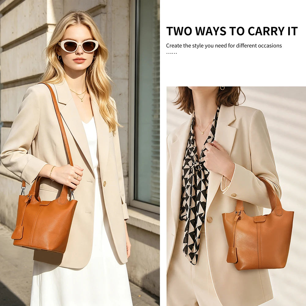 Ladies Full Grain Top Layer Cow Leather 2pcs Bag Set Small Tote Bucket Handbag Detachable Strap Crossbody Bag with Matching Clut