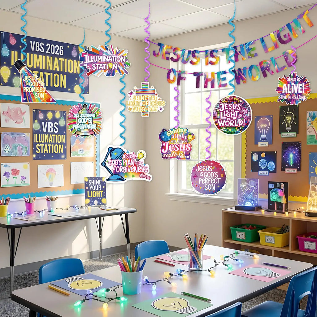 VBS 2026 Decorations Banner The Light of The World Christian Hanging Swirls Religious Sunday Vacation Bible School Church Party