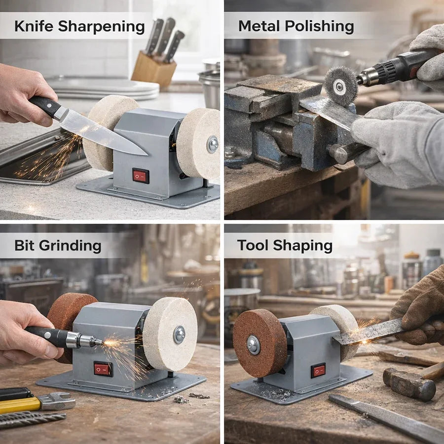 Mini Electric Bench Grinder Sharpener, Stainless Steel Body, Coarse & Fine Wheel, Multi-Function Tool Grinding Machine