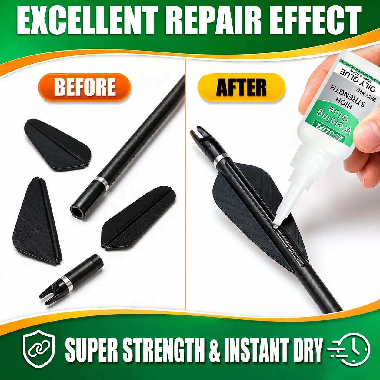Upgraded Super Cyanoacrylate Adhesive, Cures in 10 Seconds, Waterproof, Ideal for Repairing and Bonding Bows and Arrows