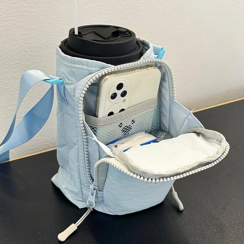 Drawstring Water Bottle Holder Crossbody Bag, Mini Shoulder Pouch, Portable Sling Bag with Phone Pocket for Daily Women Outdoor