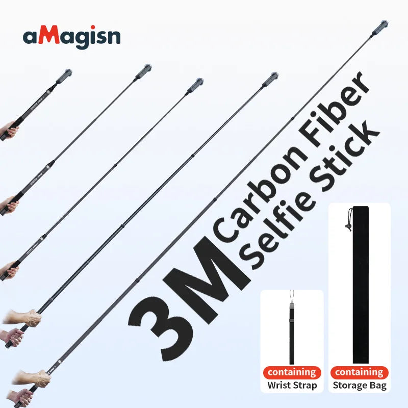 AMagisn 3M Invisible Selfie Stick, Carbon Fiber Extended Monopod 118' for Gopro Max DJI 360 Insta360 X3 X4 Air X5 Accessories