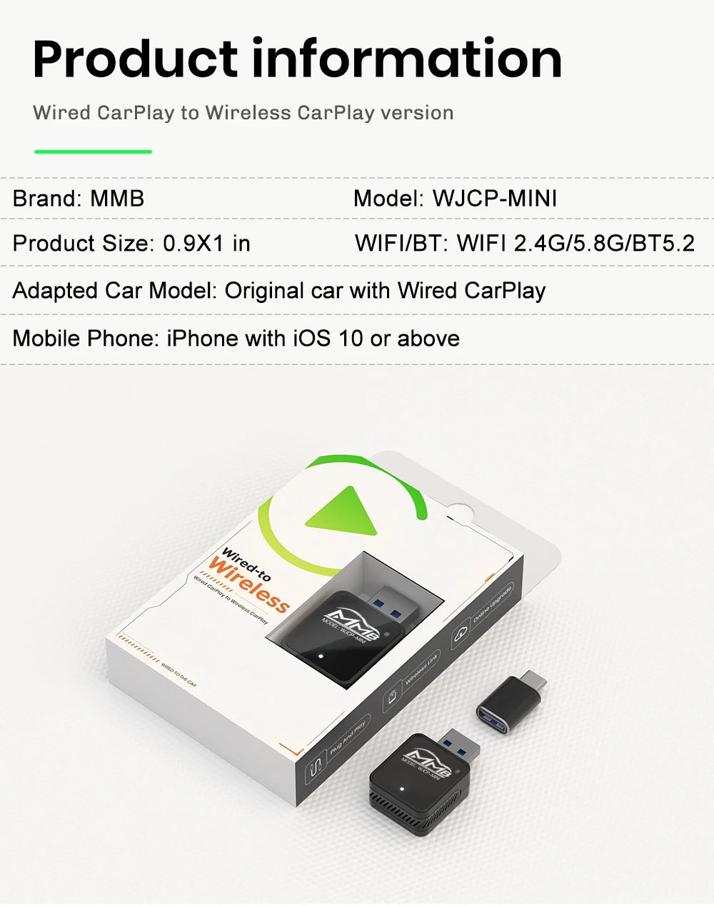 MMB Mini 2in1 Wireless CarPlay Adapter Android Auto Dongle Wifi BT5 USB Plug and Play Wired to Wireless Connection Universal Car