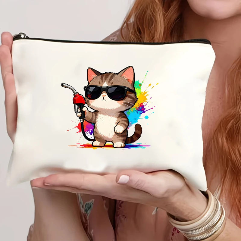 Multi Style Cat Printed Canvas Bag With Zipper Hand-Held Coin Purse Cosmetics Storage Fade-Resistant Cosmetic Bag Gift Friends