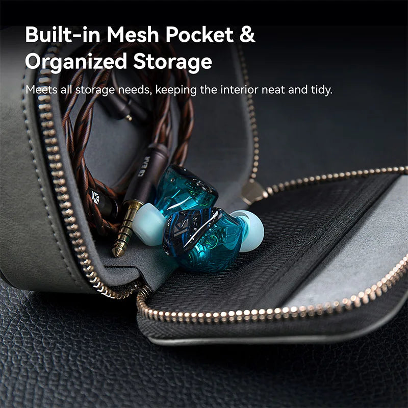 KBEAR BP05 PU Earphone Storage Case – Large zippered design with a cable storage pocket; a portable case for earphones and cable