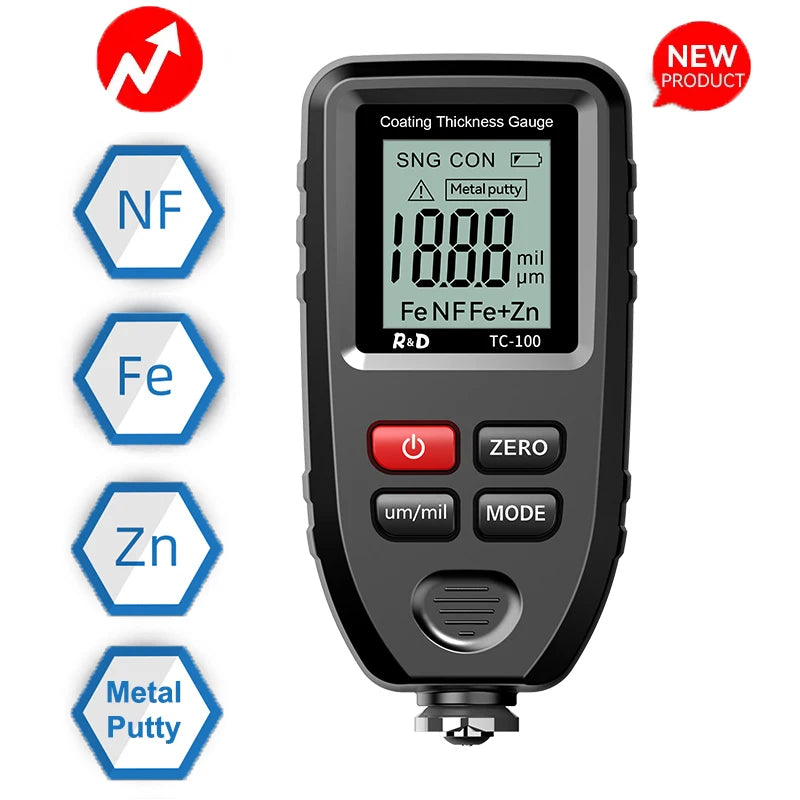 R&D TC100 Car Paint Film Thickness Tester 0.1 Micron Precision Measurement 0-1300 Scale FE/NFE Coating Thickness Gauge