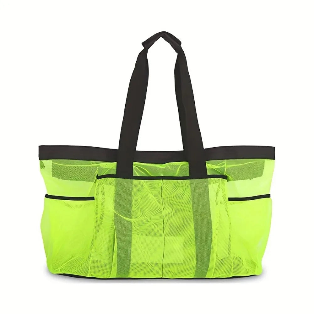 Large-Capacity Mesh Beach Handbag Drawstring Lightweight Beach Toy Baskets with Handle Snaps Portable Bath Storage Bag Towel
