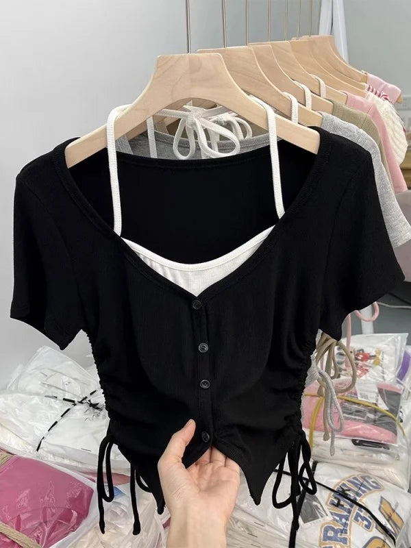 Sweet And Spicy Short Sleeve T-Shirt Neck Hanging Design Slimming Short Style Korean Version Commute Wind Women's Top