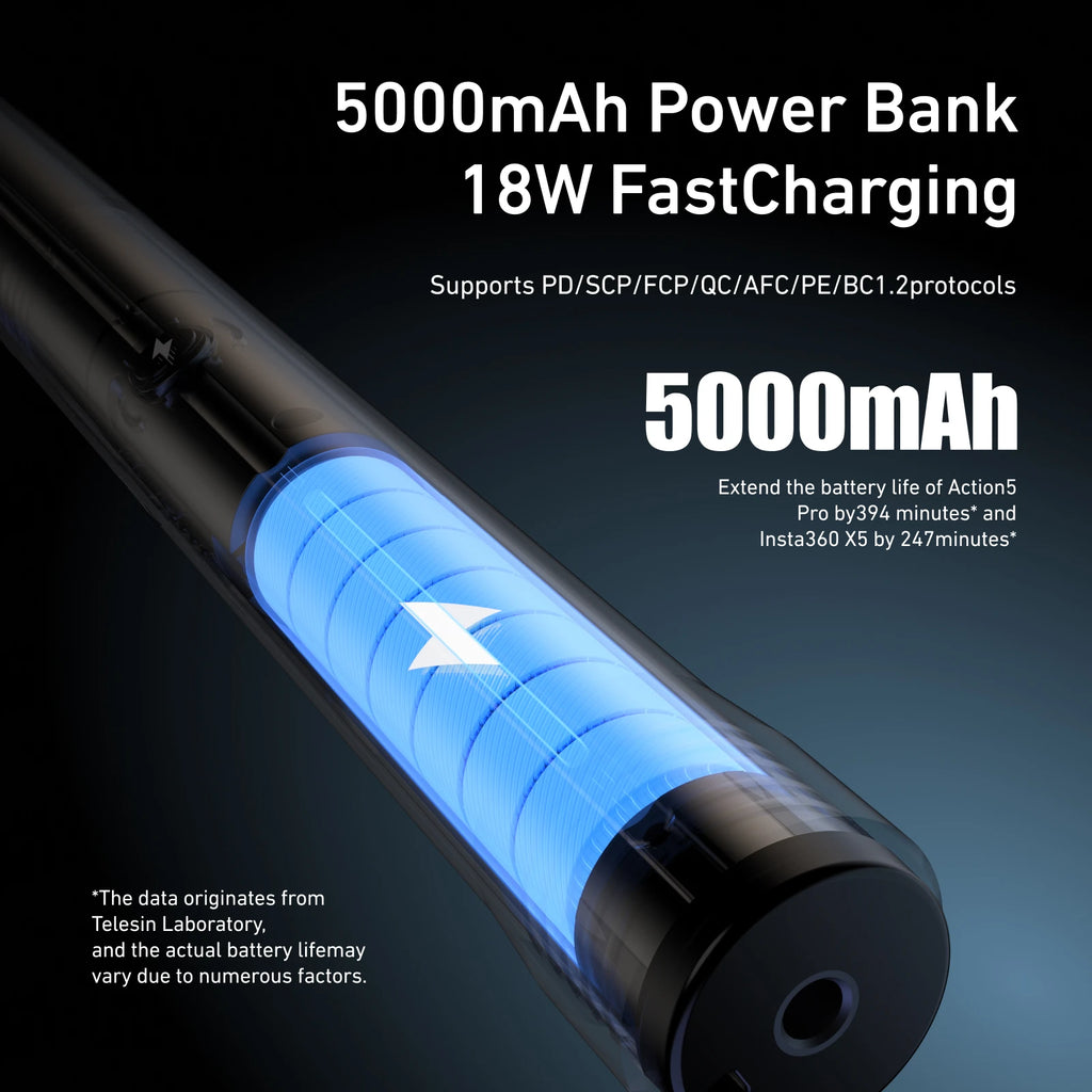 2025 TELESIN Selfie Stick 5000mAH Fast Charging Power 102CM Telescoping Selfie Pole with 1/4 Inch Screw For Insta360 and Phone