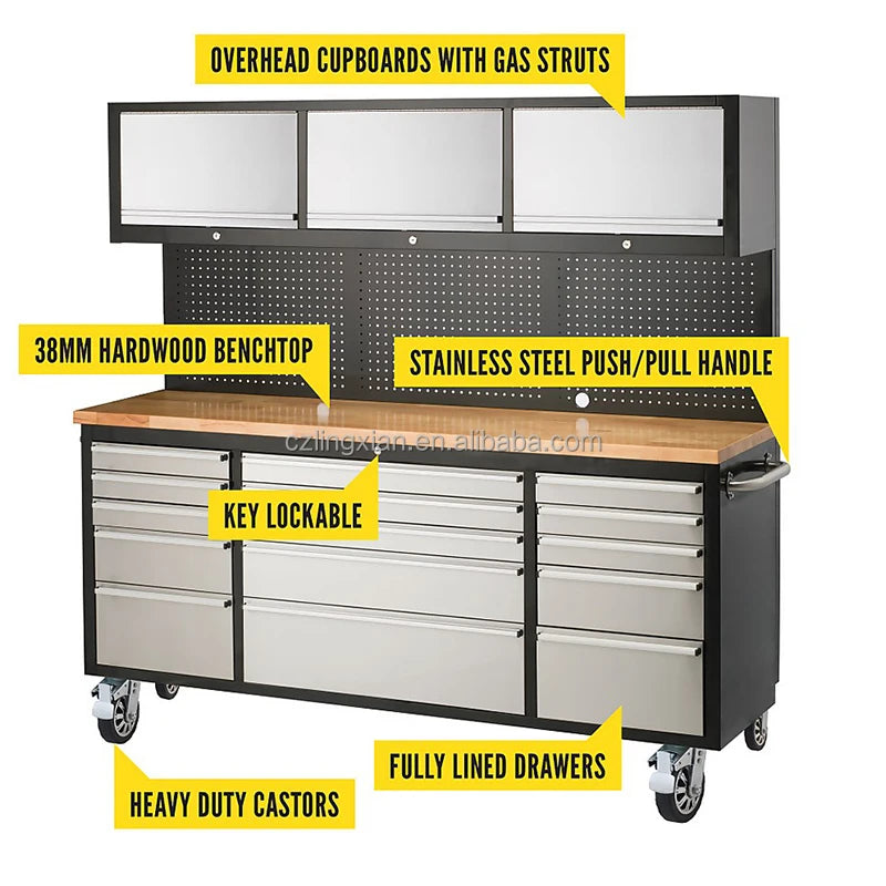 72in Garage Workstation Stainless Steels Tool Storage Trolley Tool Cabinet For Garages Or Workshops