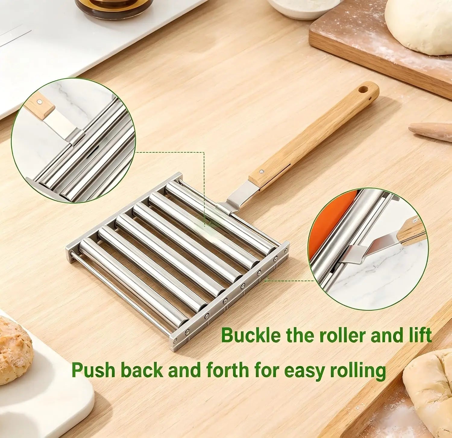 Portable Stainless Steel Hot Dog Sausage Roller Grill Long Wooden Handle Even Cooking BBQ Tool For  Picnic Camp Outdoor Barbecue