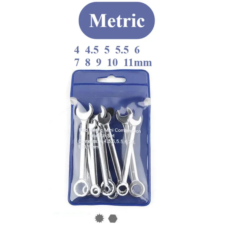 New 10 Pcs Mini Open End Wrench 4-11mm Metrci / Imperial Standard 45# Steel Double End Ratchet Wrenches Mini Combination Spanner