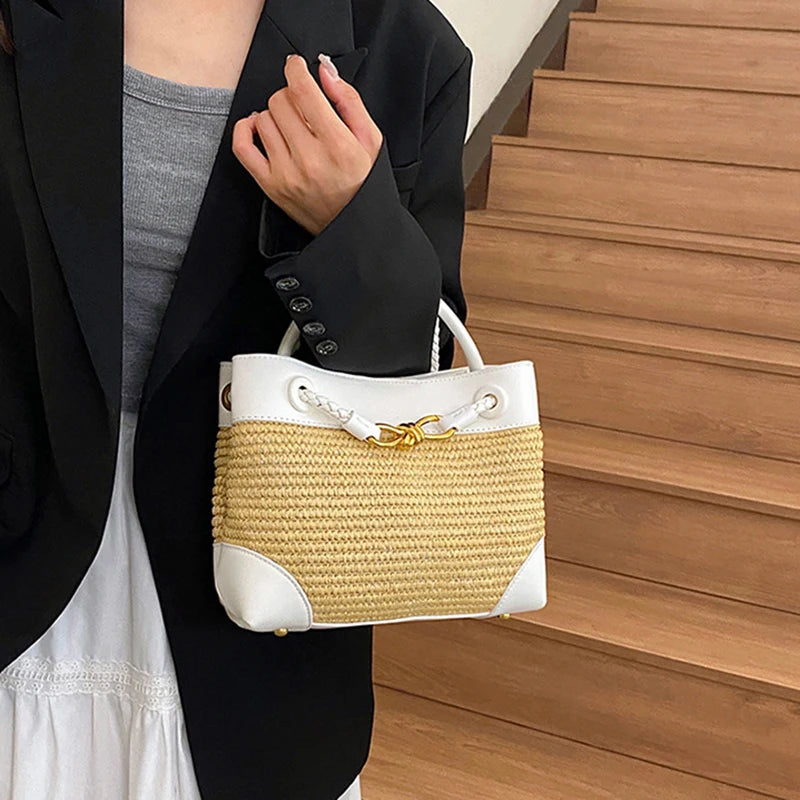 Women Contrasting Color Woven Handbag PU Splicing Gold Belt Bucket Cross body Bag French Elegant Vacation Style Travel Bags