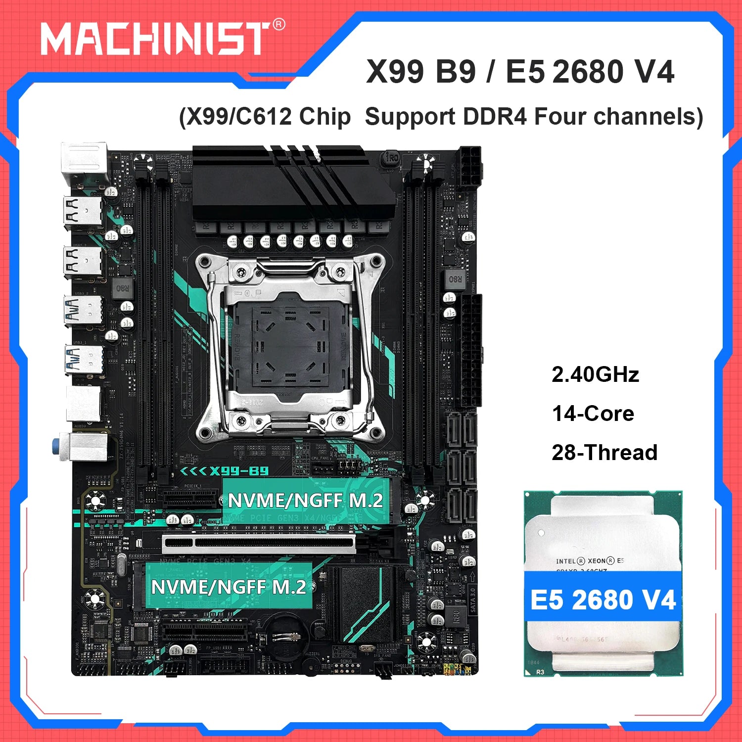 MACHINIST X99 B9 Motherboard Kit Intel Xeon E5 2680 V4 CPU LGA 2011-3 Support DDR4 4-channel RAM C612 Chip NVME/SATA M.2 USB3.0
