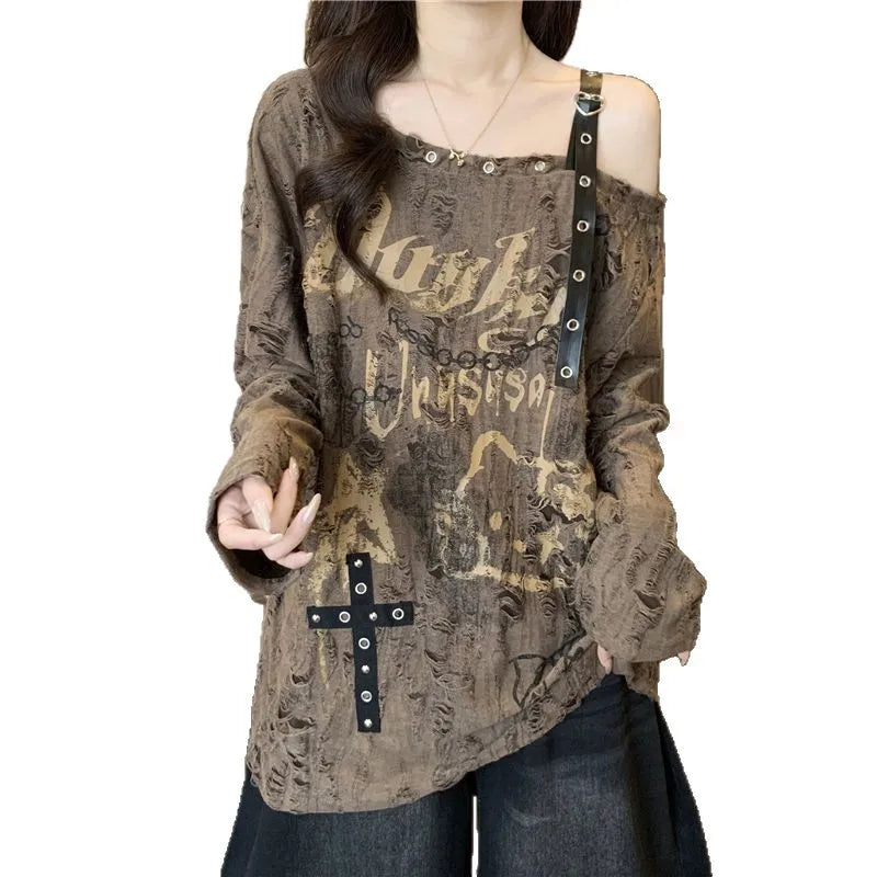 Loose and Slimming Oversized Women's T-shirt with Ragged and Faded V-neck and Off-shoulder Long Sleeves for Spring and Autumn