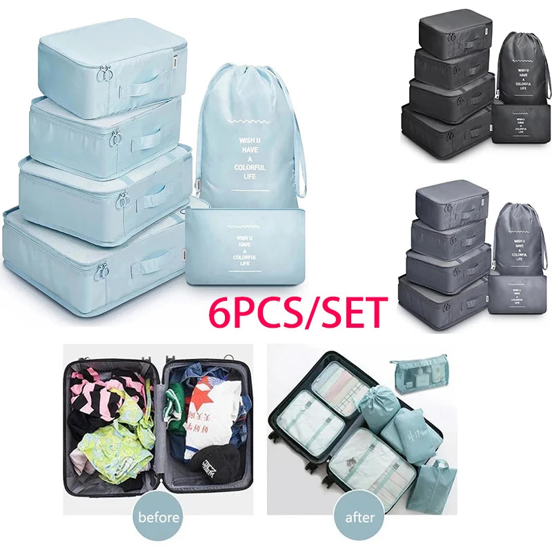 6pcs Travel Bag Organizer Clothes Luggage Travel Organizer Blanket Shoes Organizers Bag Suitcase Traveling Pouch Packing Cubes