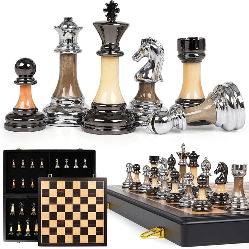 Chess set 45cm/ 17.7-inch Eewood large solid wood chessboard, high-end electroplated + acrylic chess piece king 9cm high