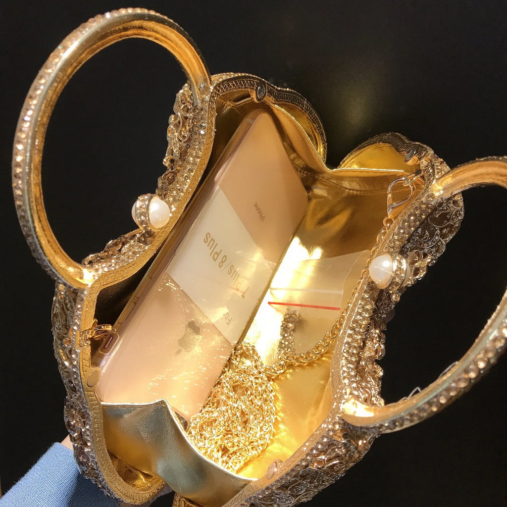 Stone Handbag Hollow Metal Diamond Dinner Bag Party Banquet Rhinestone Handbag Crystal-Embellished Party Clutch Rhinestone Purse