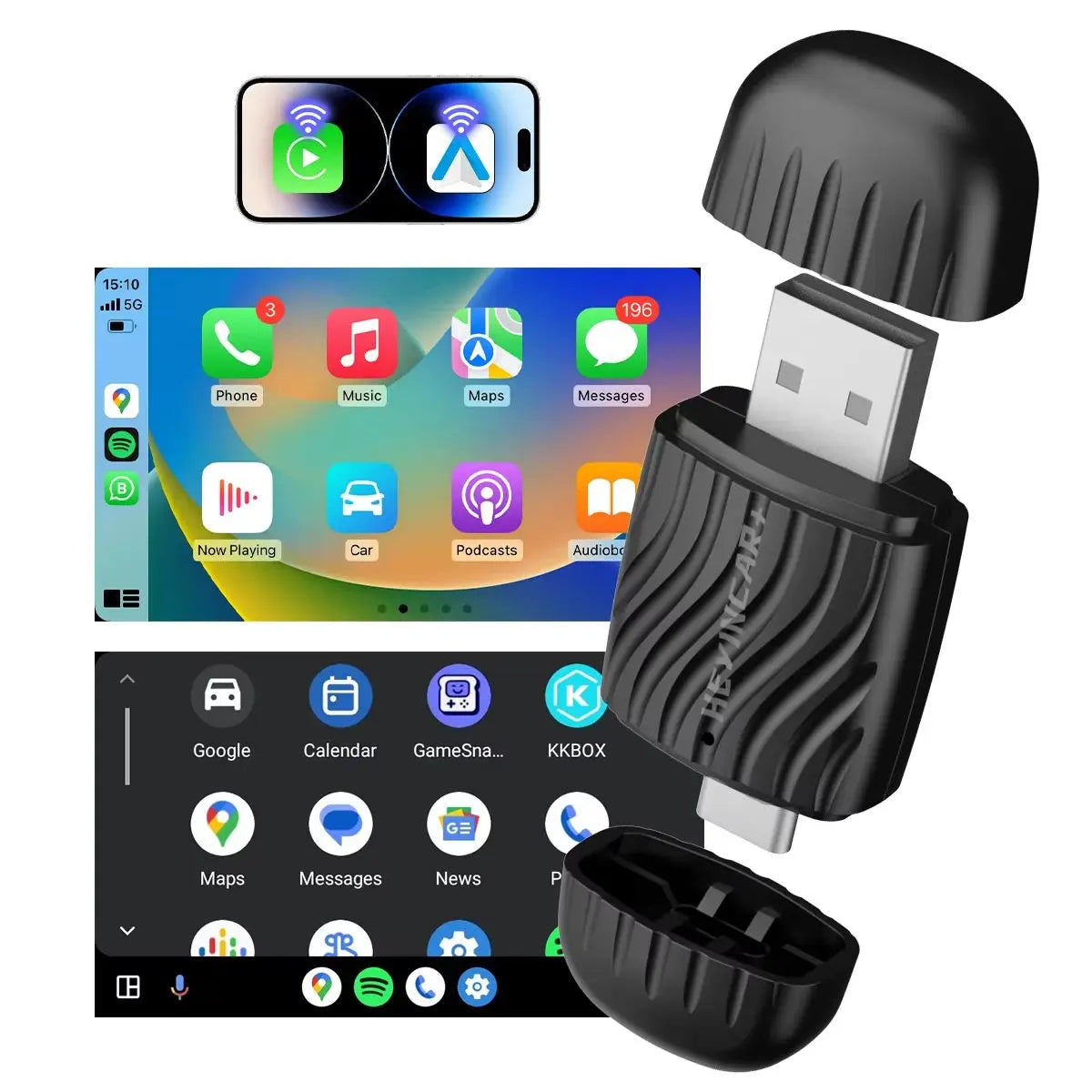 HEYINCAR 2 in 1 Interface Wireless CarPlay/Android Auto Wireless USB/TYPE-C Adapter Smart Mini Box Plug Fast Connect Universal